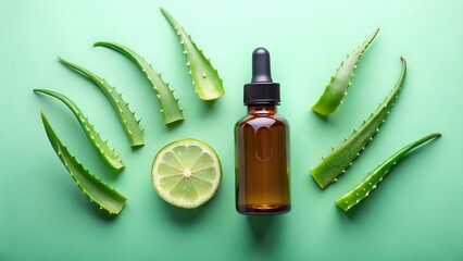 Top View of Dropper Bottle Beside Sliced Aloevera