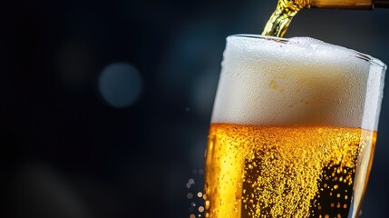 Crisp golden beer with frothy foam and rising bubbles poured from bottle, perfect for premium bar menus, brewery promotions, pub advertising, and festive celebration posters