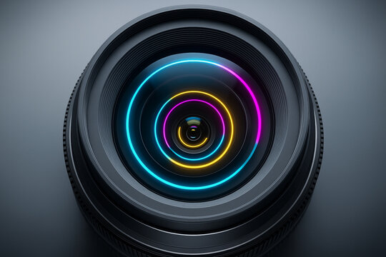 Futuristic camera technology with multicolor lens and circular iris