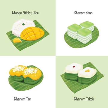 Thai Sweets desserts, Mango sticky rice, ThaiFood, Khanom Thai vector illustration