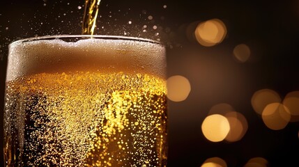 Close-up of golden beer with frothy foam and sparkling bubbles, perfect for festive celebration visuals, Oktoberfest posters, bar promotions, and brewery branding