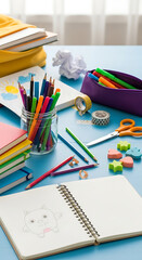 A bright and inviting workspace featuring an open notebook with a cute drawing, surrounded by colorful pencils, markers, and stationery, creating a creative and inspiring environment on a blue table