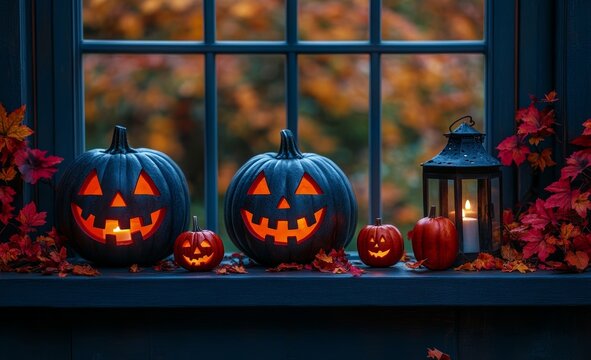  Carved Pumpkins and Lantern Displayed by Window with Autumn Leaves, Festive Indoor Decoration.