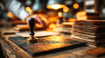 Black stamp on wooden desk surrounded by stacks of documents and warm glowing lamp light.
