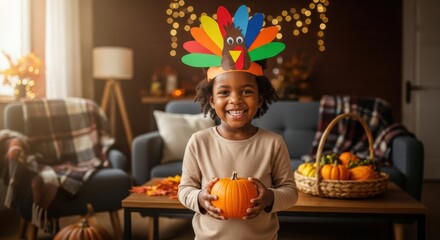 African American family celebrating Thanksgiving Day, harvest.	Smiling black boy in turkey hat holding basket with vegetables and fruits. 
