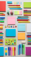 Overhead view of a neatly arranged collection of colorful stationery items, including notebooks, pens, pencils, and sticky notes, creating a vibrant and organized workspace aesthetic on a gray surface