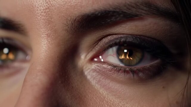Close-up view of a person's eye, showing intricate details of the iris, pupil, eyelashes, and surrounding skin texture.  The focus is sharp, highlighting the subtle variations in color and tone
