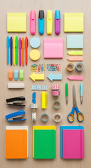 Overhead shot of colorful stationery items arranged neatly on a wooden surface, including pens, markers, sticky notes, paper clips, washi tape, and notebooks, creating a vibrant and organized workspac