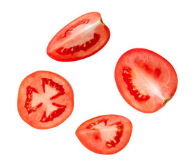 Top view set of ripe red tomato slices in halves and quarters isolated with clipping path in png file format