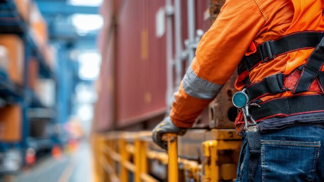 Closeup medium shot of an employee securing a harness on a cargo container highlighting the ergonomic design with the surrounding warehouse environment out of focus.