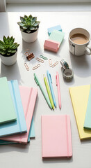 A bright and airy scene featuring pastelcolored stationery, including notebooks, pens, and sticky notes, arranged on a white wooden table alongside succulents and a cup of coffee, creating a cozy and 