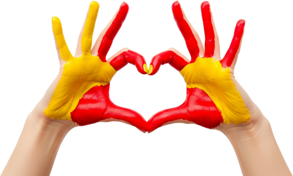Two human hands painted with red and yellow colors forming a heart shape Love Body Art Gesture Symbol Emotion Couple Connection Care Support Unity Creative - Powered by Adobe