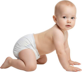 Close up profile of a Caucasian baby wearing a diaper crawling on all fours with a soft focus on the background Infant Babyhood Childhood Baby boy Baby girl