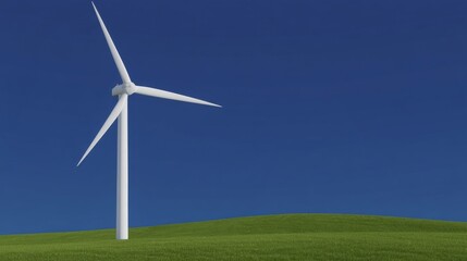 Obraz premium A large white wind turbine operates under clear blue skies atop a grassy hill,