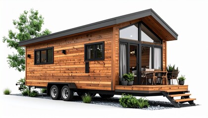 A realistic tiny house on wheels with wooden siding, small windows, and modern compact design isolated on white background 