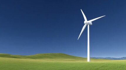 Fototapeta premium A large white wind turbine stands tall in the center of vast green grasslands under a clear blue sky,