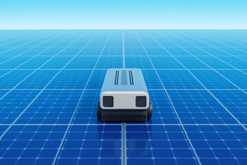White solar panel cleaning robot with black wheels and brush gliding across blue panel grid