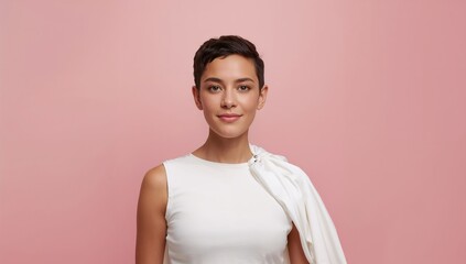 Obraz premium Young woman with short hair wearing a white top and draped cape against a pastel pink background, displaying a neutral expression and confident posture.