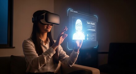 Young woman immerses in futuristic virtual reality, interacting with holographic data for innovative business solutions and immersive experiences.