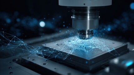 High-Tech CNC Machine Engraving with Sparkles and Digital Effects in a Dark Workshop