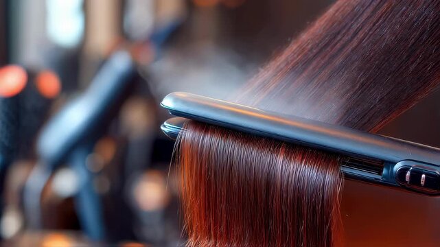 Focused view of a straightening iron gliding through textured hair steam rising subtly with outoffocus salon equipment surrounding.