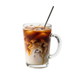 Iced coffee with cream and a metal straw served in a clear glass mug on a white background