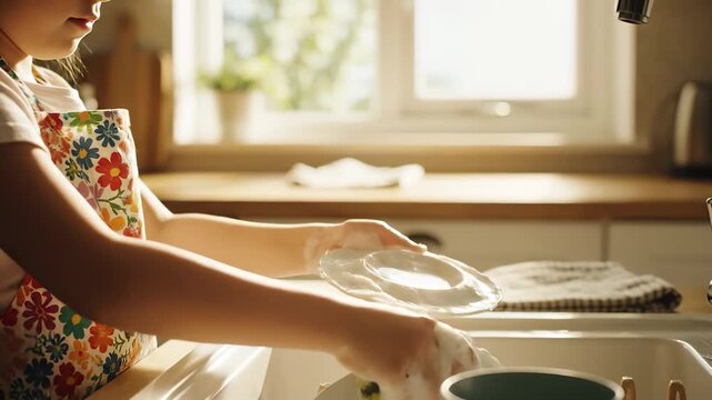 A girl with an apron washes dishes, as the girl carefully scrubs a plate. Sunlight filters into the kitchen where the girl completes her task with an apron and focus.