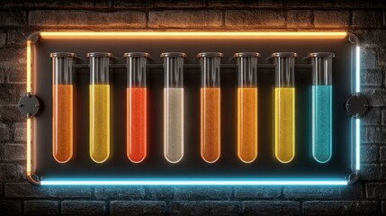 Colorful Test Tubes Displayed on a Neon Backlit Wall in a Laboratory Setting with Dark Brick Background