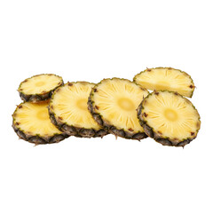 Fresh pineapple slices arranged neatly on a white background ready for culinary use or presentation