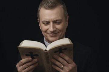 Male pastor reading scripture from an open book with a cross on the cover while smiling against a black background in a formal setting