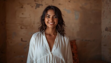 Fototapeta premium Smiling young woman in a white night shirt standing against a textured wall with a warm, inviting expression and natural lighting.