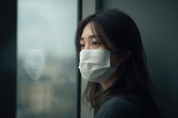 Woman with face mask gazing thoughtfully out of window reflecting feelings of isolation and contemplation indoors with soft natural lighting