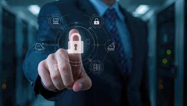 Businessman using finger to touch digital key icon symbolizing security access in a server room environment with technology icons for cyber security and data protection concepts.