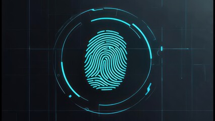 Illuminated fingerprint graphic within a digital HUD element, rendered in glowing cyan