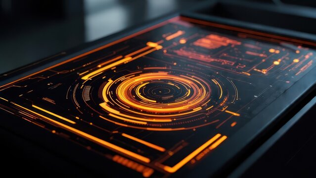 Illuminated digital interface displays complex orange circuitry and data visualization