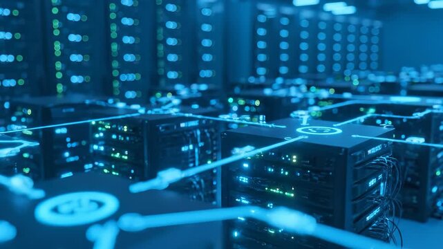 Servers with glowing lights are arranged in a dark data center, as the servers connect via illuminated circuits. The servers emit a blue glow in the data center environment.