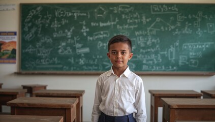 Young student standing confidently in classroom with wooden desks and chalkboard filled with mathematical formulas and diagrams, bright lighting enhancing educational atmosphere