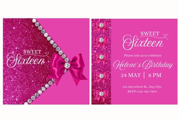 Luxury dark pink birthday invitation adorned with sparkling white diamonds, a pink satin ribbon, and bow. Ideal for Sweet Sixteen, Quinceañera, teen birthdays, and glamorous celebrations.