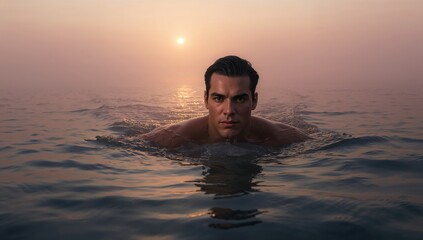 Man swimming in calm open water at sunset with misty atmosphere reflecting soft light on the water surface and creating a tranquil scene