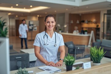 Fototapeta premium Nurse smiling at reception desk in modern hospital interior with greenery and colleagues in background creating welcoming healthcare environment
