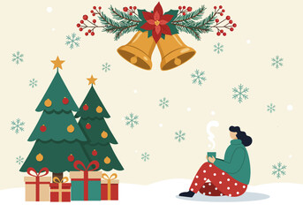 Christmas tree with gifts and snowflakes, a woman is sitting down enjoying a cup of hot tea, vector illustration