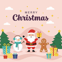 Merry Christmas greeting card design with a cute cartoon Santa Claus gingerbread, and snowman vector illustration in the snow