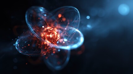 Abstract depiction of a glowing atom structure with vibrant colors in a dark background for science and technology themes