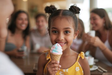 Girl holding colorful ice cream cone while smiling in vibrant cafe surrounded by friends and family enjoying their time together. Casual atmosphere with joyful expressions.