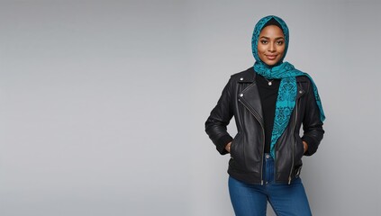 Trendy young woman styled in a leather jacket and blue hijab, wearing jeans, posed against a minimal grey background for a modern fashion concept.