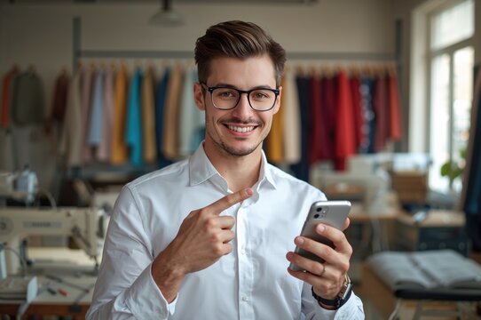 Male tailor in eyeglasses pointing at smartphone while smiling inside a clothing workshop with fabric samples and sewing machines in the background