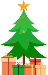 Fototapeta premium Flat Vector Illustration of Christmas Tree with Gifts, Star, and Ornaments on Transparent Background