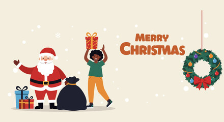 A fun cartoon vector illustration of Santa Claus with a gift next to a Christmas tree in the winter snow to symbolize the holiday celebration