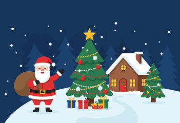Merry Christmas greeting with Santa Claus and a snowy tree illustration in the winter night