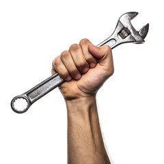 human hand holding wrench in white background